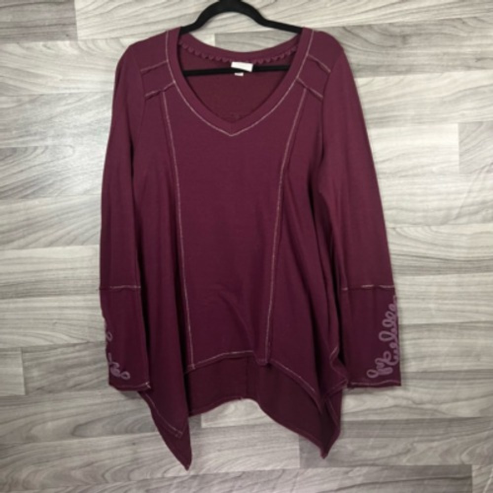 Knox Rose Womens Pullover Sweatshirt Red Embroidered Long Sleeve Top V‎ Neck M